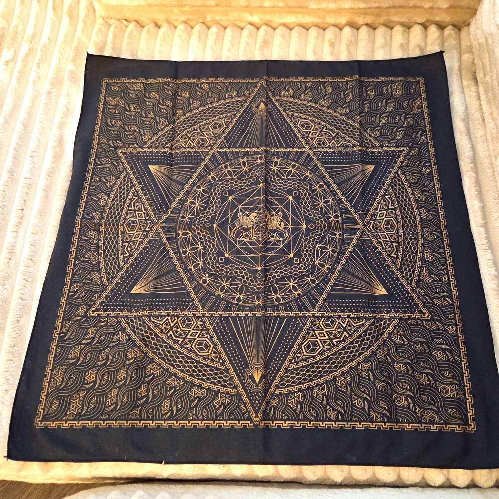 Anahata Designs Hella Sacred Gem Tesserract Bandana Black Gold Sacred Geometry